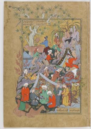 Double-folio from the Haftawrang (Seven Thrones) by Jami (d. 1492): Qays(Majnun) first Glimpses Layla (f. 231a) - آواز حلی و بانگ خلخالگرداند سماع آن بر او حالدر حله ناز دید سرویچون کبک دری روان تذرویرویی ز حساب وصف بیرونگلگونه نکرده لیک گلگون