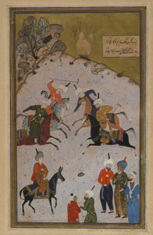 Folio from a Divan (collected poems) by Hafiz (d. 1390); recto: a polo game; verso: text, poem on qualities of the beloved and transience of life - خسروا گوی فلک در خم چوگان تو بادساحت کون و مکان عرصه میدان تو باد