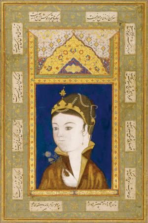 A PORTRAIT OF A PRINCESS, PERSIAمصوری که کشد نقش آن بت چین راتوان بصورت او داد جان شیرین راتصویر شاهزاده خانم، مورخ 935 هجری قمری / 1528 میلادینقاشی: 9.3 در6.6 سانتیمتر.برگ: 27.3 توسط 16.2 سانتیمتر.AN ILLUSTRATED AND ILLUMINATED ALBUM PAGE: A PORTRAIT OF A PRINCESS, PERSIA, DATED 935 AH/1528 ADGouache heightened with gold on paper, couplet in white Thuluth written below, dated above within an illuminated headpiece with gold and polychrome flowers, laid down on a late sixteenth-century album page comprising illuminated panels, calligraphic cartouches and gold-decorated bordersPainting: 9.3 by 6.6cm.Leaf: 27.3 by 16.2cm.